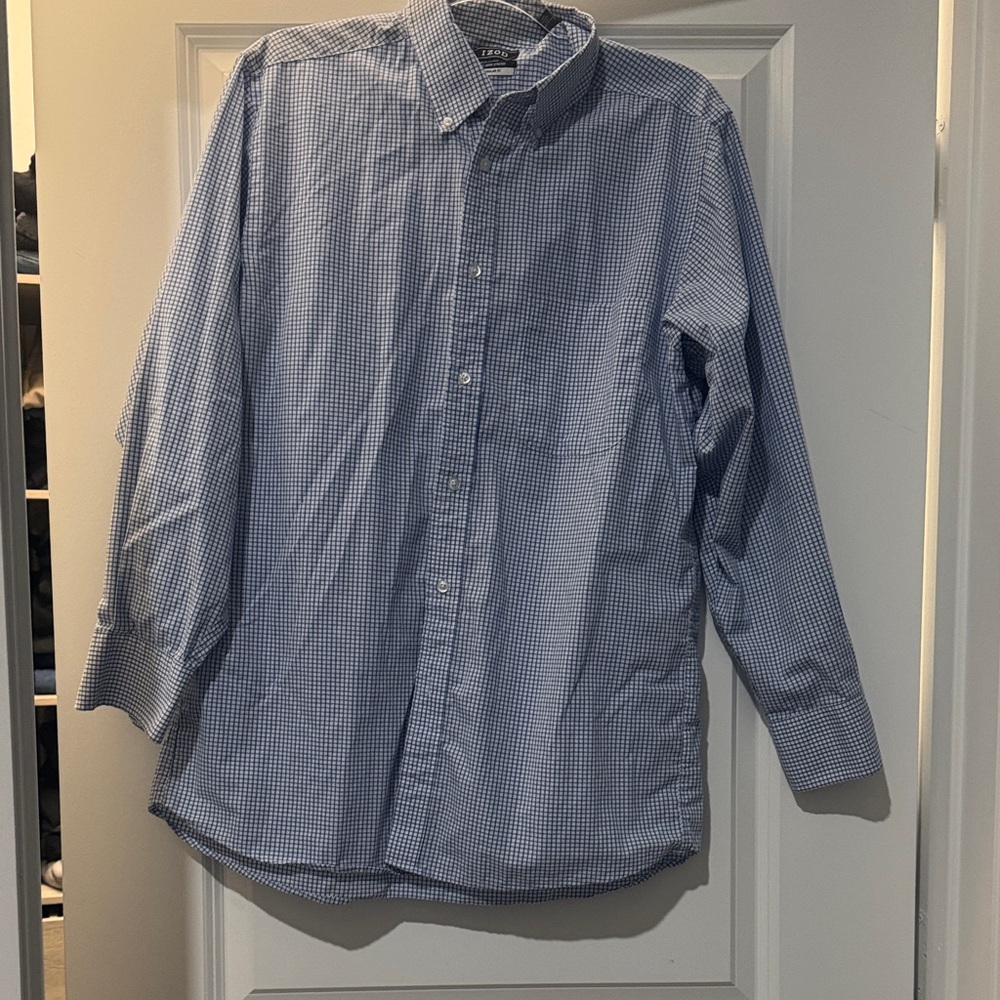 Izod Men's Blue and White Checkered Button Down Shirt